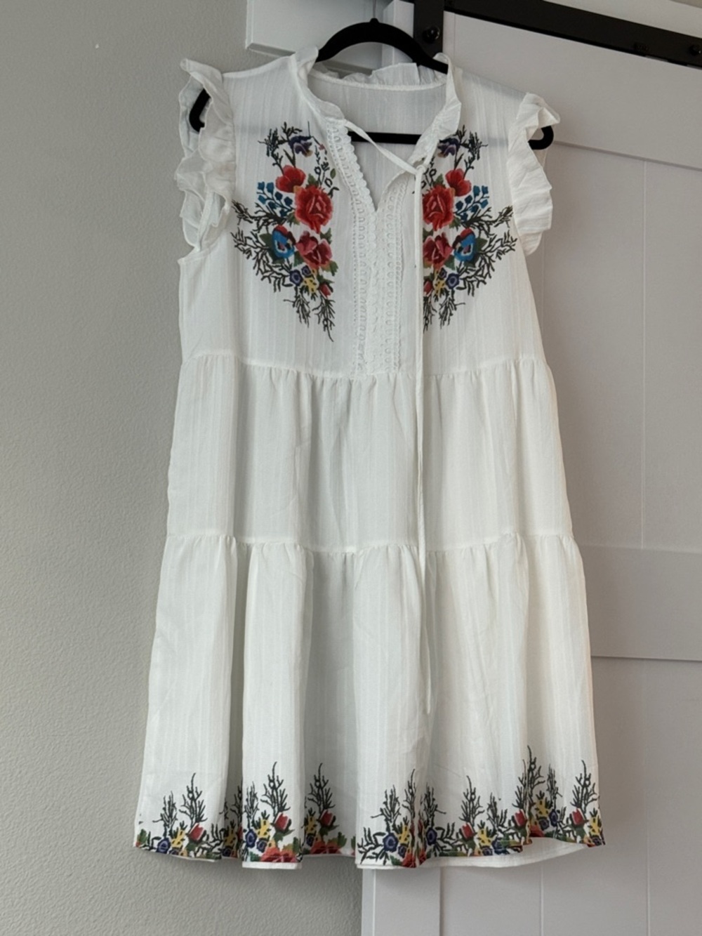 White Floral Embroidered Tiered Casual Dress